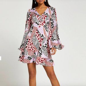 Flare Sleeve Mixed Animal Print Dress